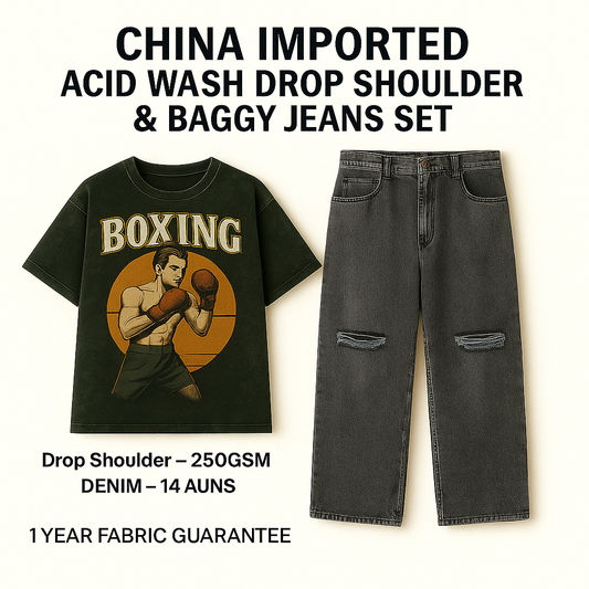 Boxing Graphic Drop Shoulder Tee & Distressed Grey Baggy Jeans Set – China Imported| CD-SDS4