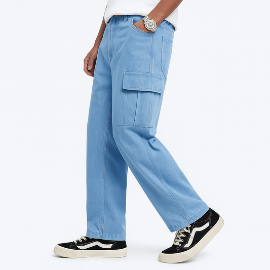 Men’s Light Blue Denim Cargo Pants – Casual Utility Fit| CD-MDP7