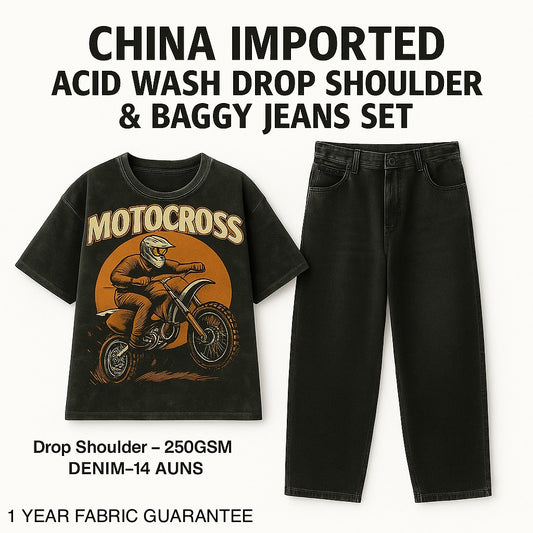 Motocross Graphic Drop Shoulder Tee & Black Baggy Jeans Set – China Imported| CD-SDS5