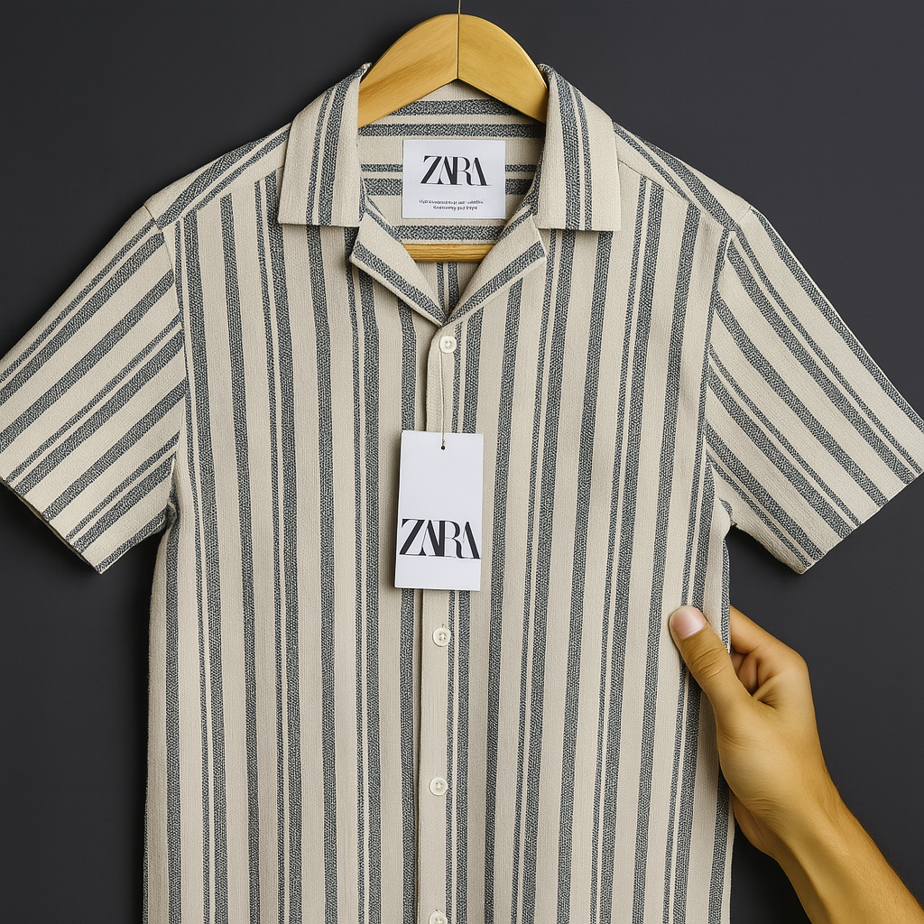 Men’s Cream & Navy Vertical Stripe Short Sleeve Shirt – Summer Casual Wear| CD-HSC6