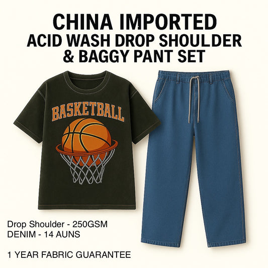 Basketball Graphic Drop Shoulder Tee & Drawstring Baggy Pant Set – China Imported| CD-SDS2