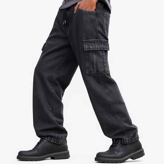 Men’s Black Denim Cargo Jogger Pants – Utility Streetwear Style| CD-MDP6