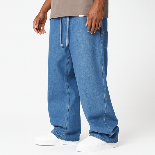 Men’s Loose Fit Wide-Leg Drawstring Denim Jeans – Light Blue| CD-MDP3