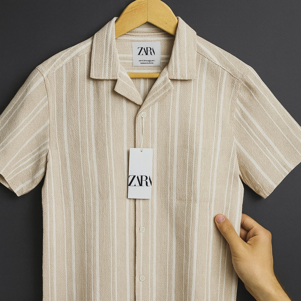 Beige Vertical Stripe Short Sleeve Shirt – Textured & Lightweight Casual Wear| CD-HSC4