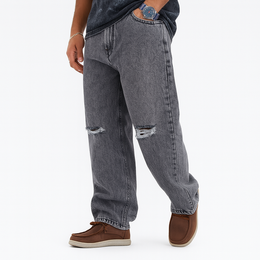 Men’s Relaxed Fit Ripped Knee Washed Grey Denim Jeans| CD-MDP2