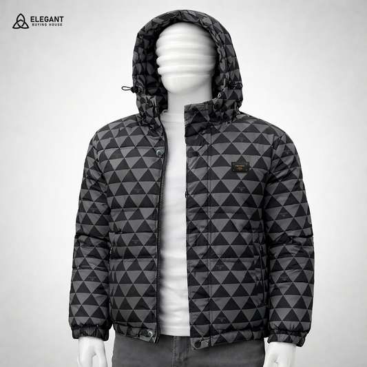 Urban Geo Pattern Hooded Puffer Jacket – Premium Winter Edition | Code-SWP101