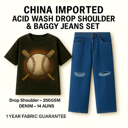 Baseball Graphic Drop Shoulder Tee & Distressed Blue Baggy Jeans Set – China Imported| CD-SDS6