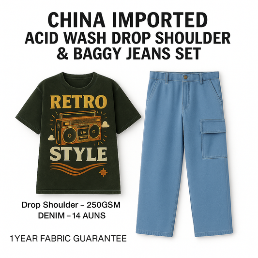 Street-Ready Retro Set – Oversized Tee & Sky Blue Cargo Jeans| CD-SDS8