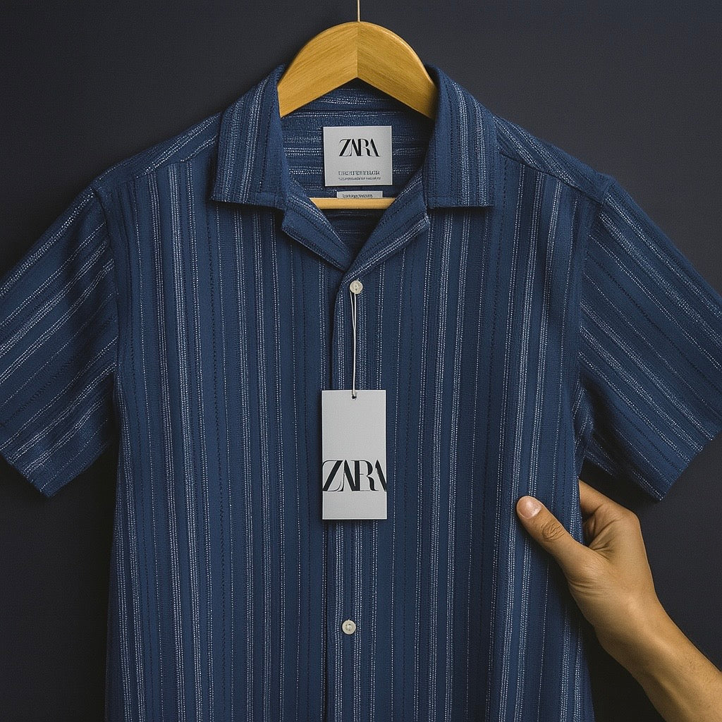 Men’s Navy Blue Vertical Stripe Short Sleeve Shirt – Casual & Smart Fit| CD-HSC7