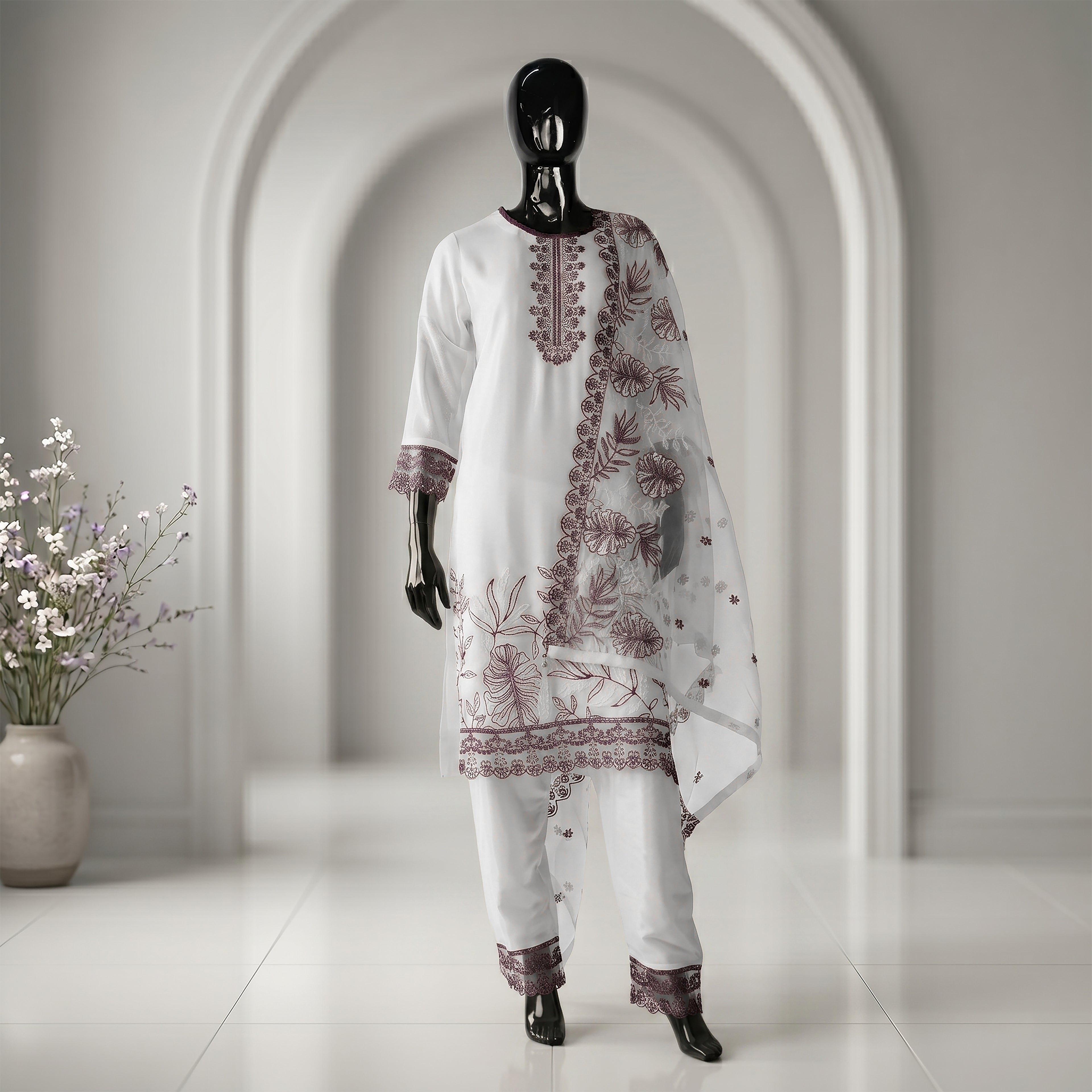 Elegant Embroidered Floral Three Piece Set | CD-WD21
