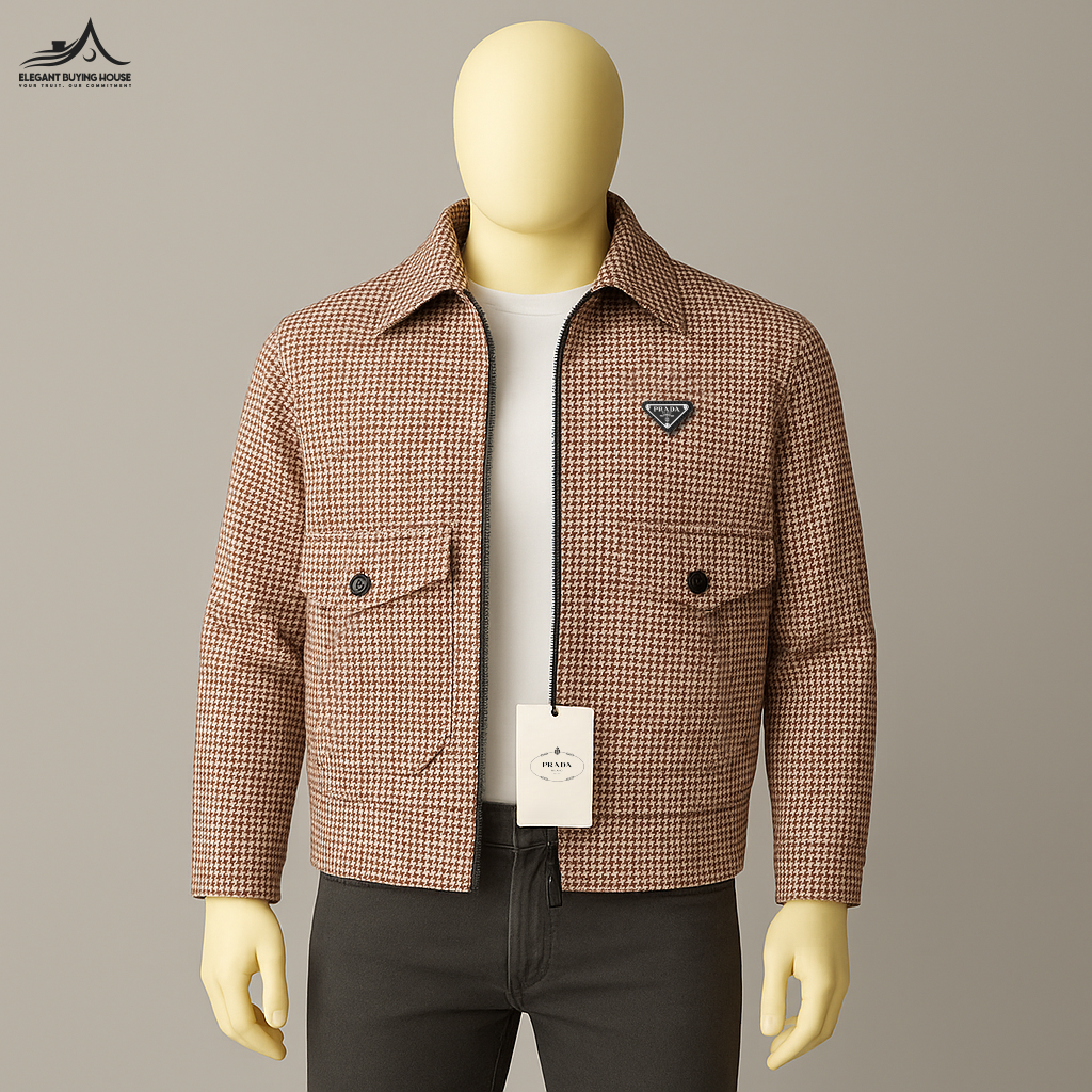 Men’s Brown Houndstooth Check Zip-Up Jacket| Code-SWP27