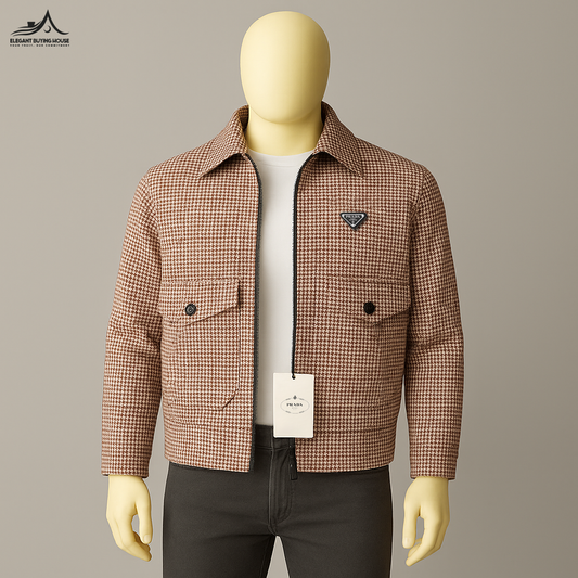 Men’s Brown Houndstooth Check Zip-Up Jacket| Code-SWP27