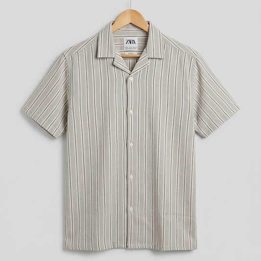 Smart Slim Stripe Q-Van Collar Casual Half Sleeve Shirt | CD-PSH19