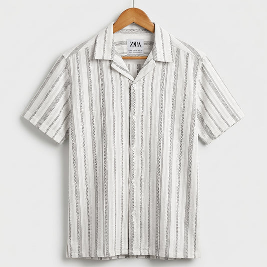 Minimal Stripe Q-Van Collar Casual Half Sleeve Shirt | CD-PSH18