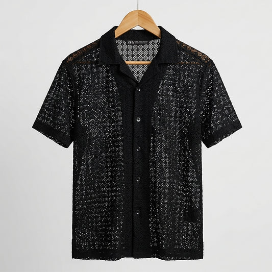 Textured Knit Q-Van Collar Casual Half Sleeve Shirt | CD-PSH23