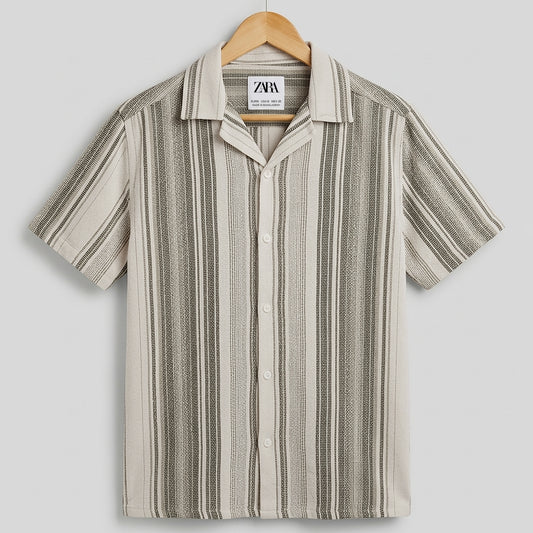 Men’s Classic Vertical Stripe Q-Van Collar Casual Half Sleeve Shirt | CD-PSH21
