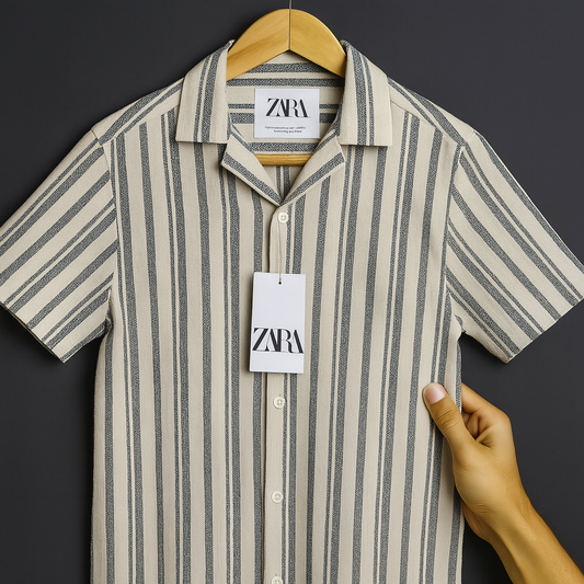 Men’s Cream & Navy Vertical Stripe Short Sleeve Shirt – Summer Casual Wear| CD-HSC6