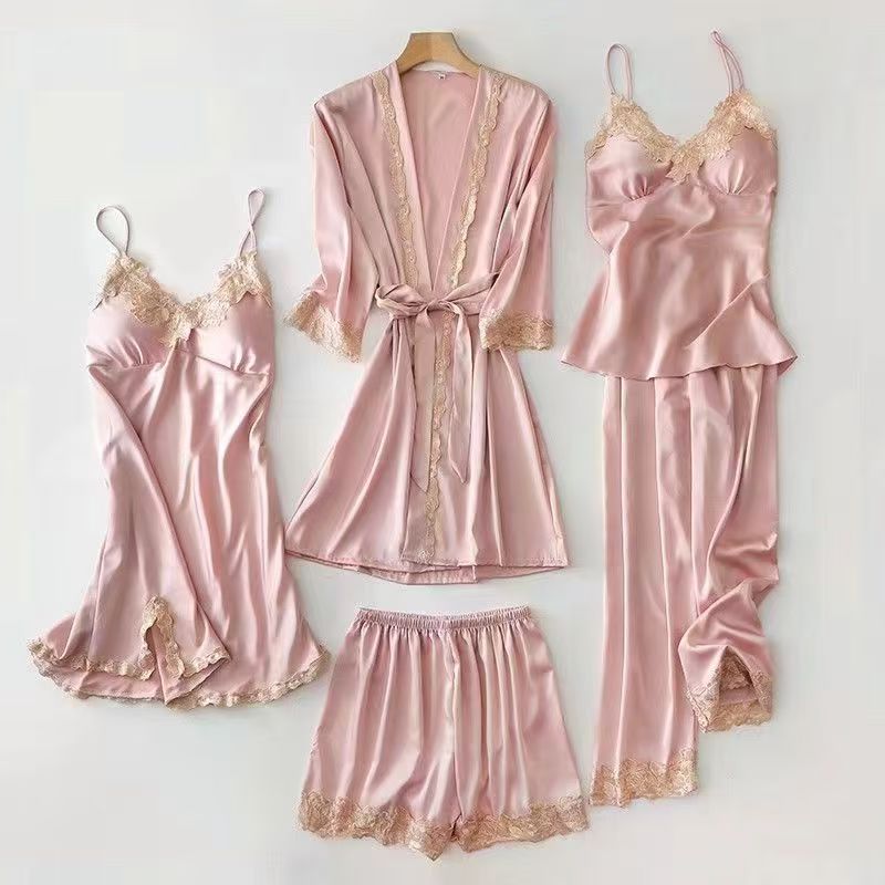 Summer and autumn women's five-piece set of ice silk thin large size long-sleeve dressing gown nightgown with straps and outside CD-WCF61 (China To Bangladesh Home Delivery)