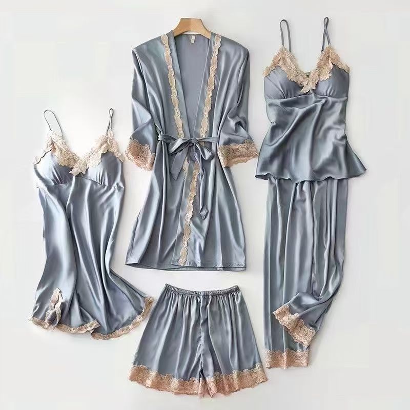 Summer and autumn women's five-piece set of ice silk thin large size long-sleeve dressing gown nightgown with straps and outside CD-WCF61 (China To Bangladesh Home Delivery)