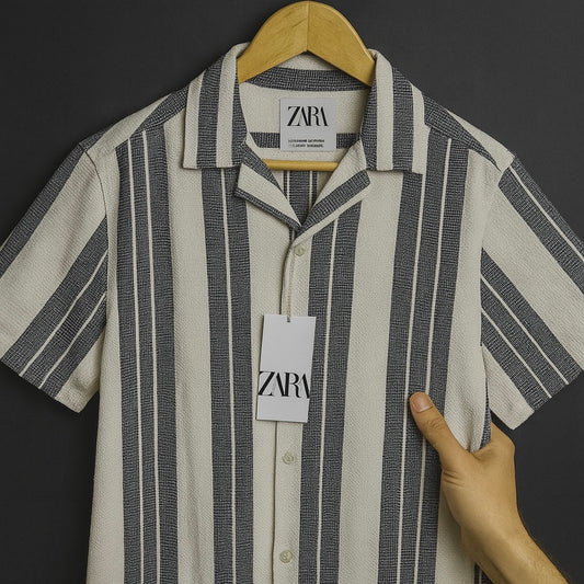 Black & White Vertical Stripe Textured Shirt – Summer Smart Casual Style| CD-HSC3