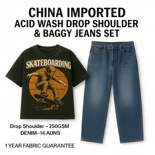 Skateboarding Graphic Drop Shoulder Tee & Washed Blue Baggy Jeans Set – China Imported| CD-SDS3