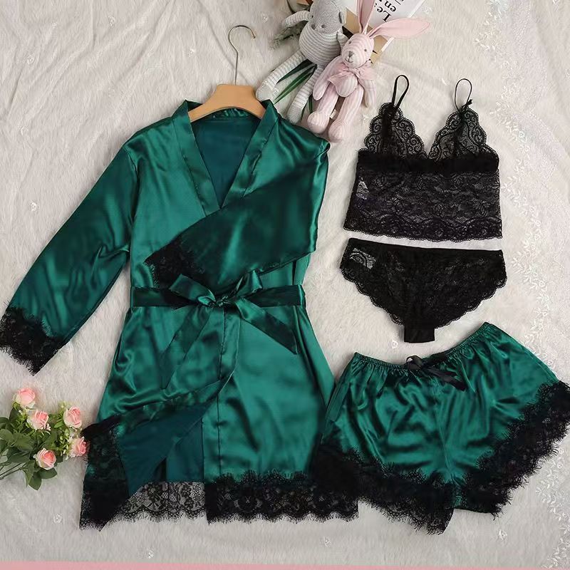 Hot-selling foreign trade large-size women's home dress with straps and lace 4-piece set CD-WCF57 (China To Bangladesh Home Delivery)