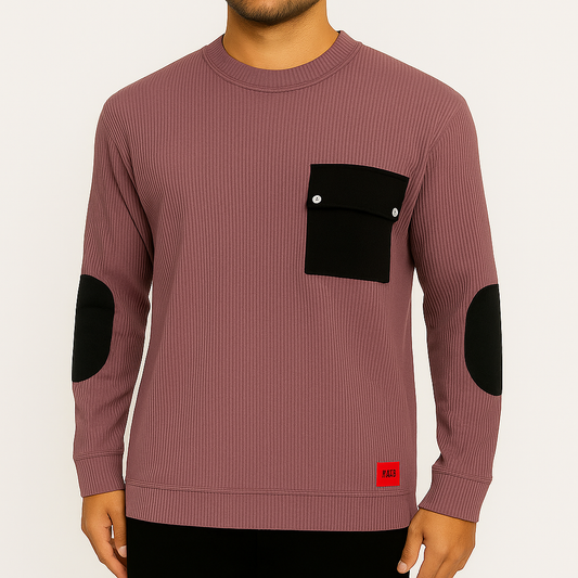 Men’s Designer Ribbed Sweatshirts – Contrast Pocket & Elbow Patch | Multiple Colors | M-XXL | Code-SWP1