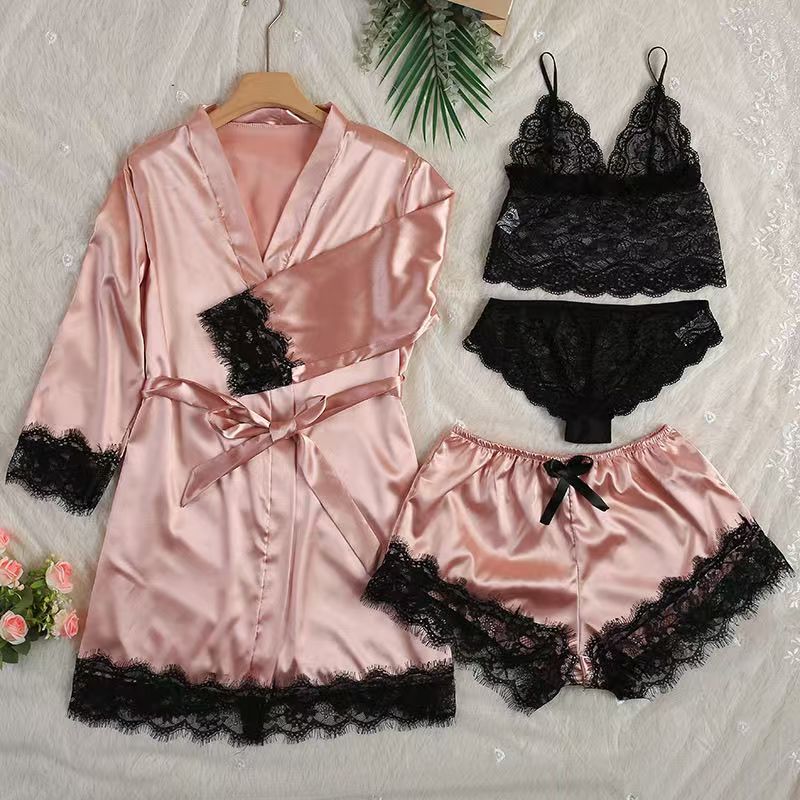 Hot-selling foreign trade large-size women's home dress with straps and lace 4-piece set CD-WCF57 (China To Bangladesh Home Delivery)