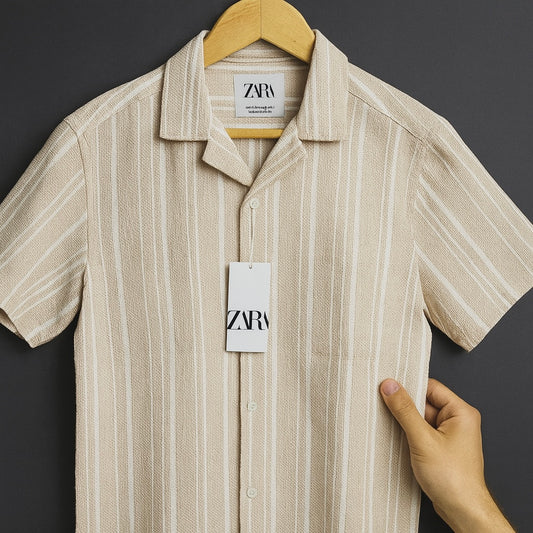 Beige Vertical Stripe Short Sleeve Shirt – Textured & Lightweight Casual Wear| CD-HSC4