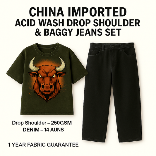Fierce Bull Graphic Drop Shoulder Tee & Black Baggy Jeans Set – China Imported Streetwear| CD-SDS7