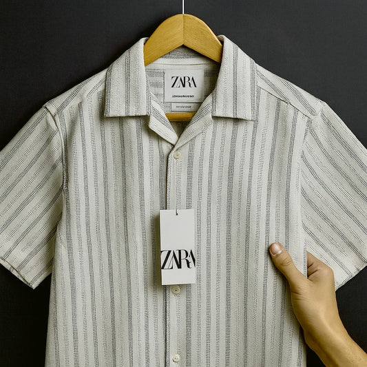 Men’s White Textured Stripe Short Sleeve Shirt – Lightweight & Breathable Casual Wear| CD-HSC5
