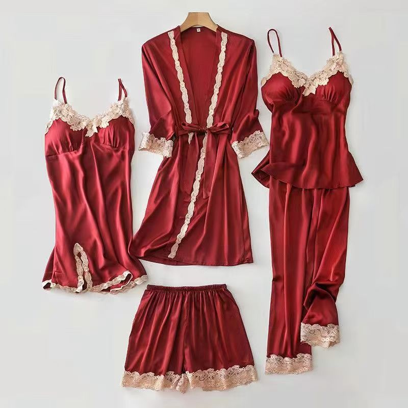 Summer and autumn women's five-piece set of ice silk thin large size long-sleeve dressing gown nightgown with straps and outside CD-WCF61 (China To Bangladesh Home Delivery)