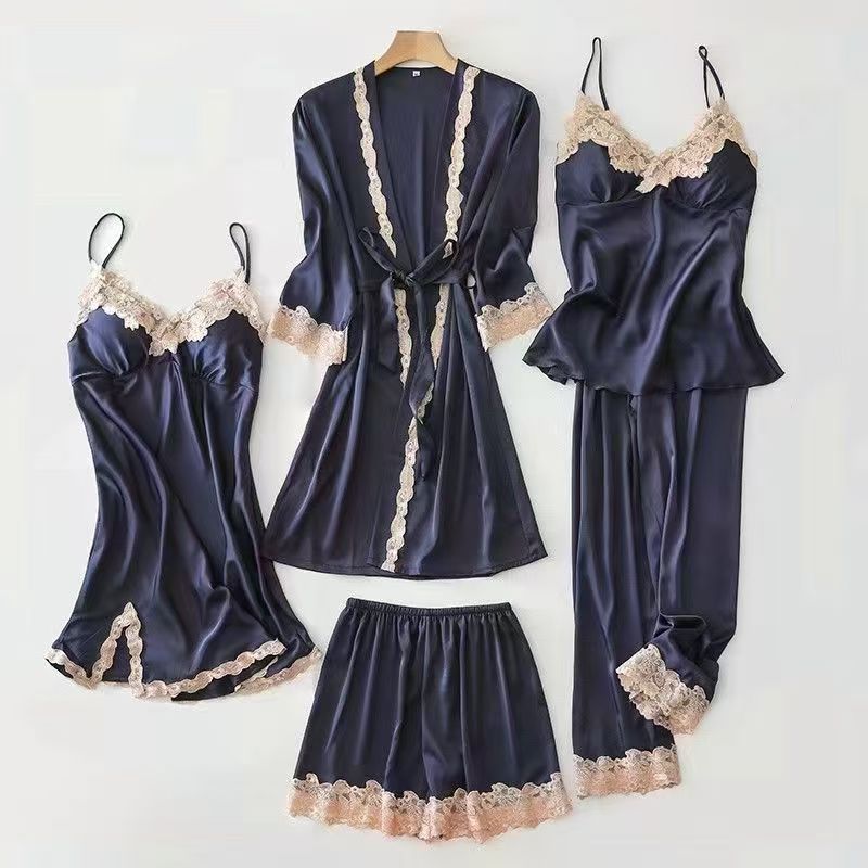 Summer and autumn women's five-piece set of ice silk thin large size long-sleeve dressing gown nightgown with straps and outside CD-WCF61 (China To Bangladesh Home Delivery)